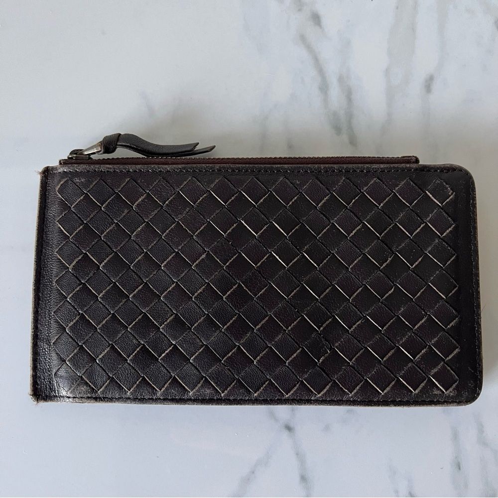 Bottega Veneta Intrecciato Long Bifold Wallet With Zip Dark Brown
